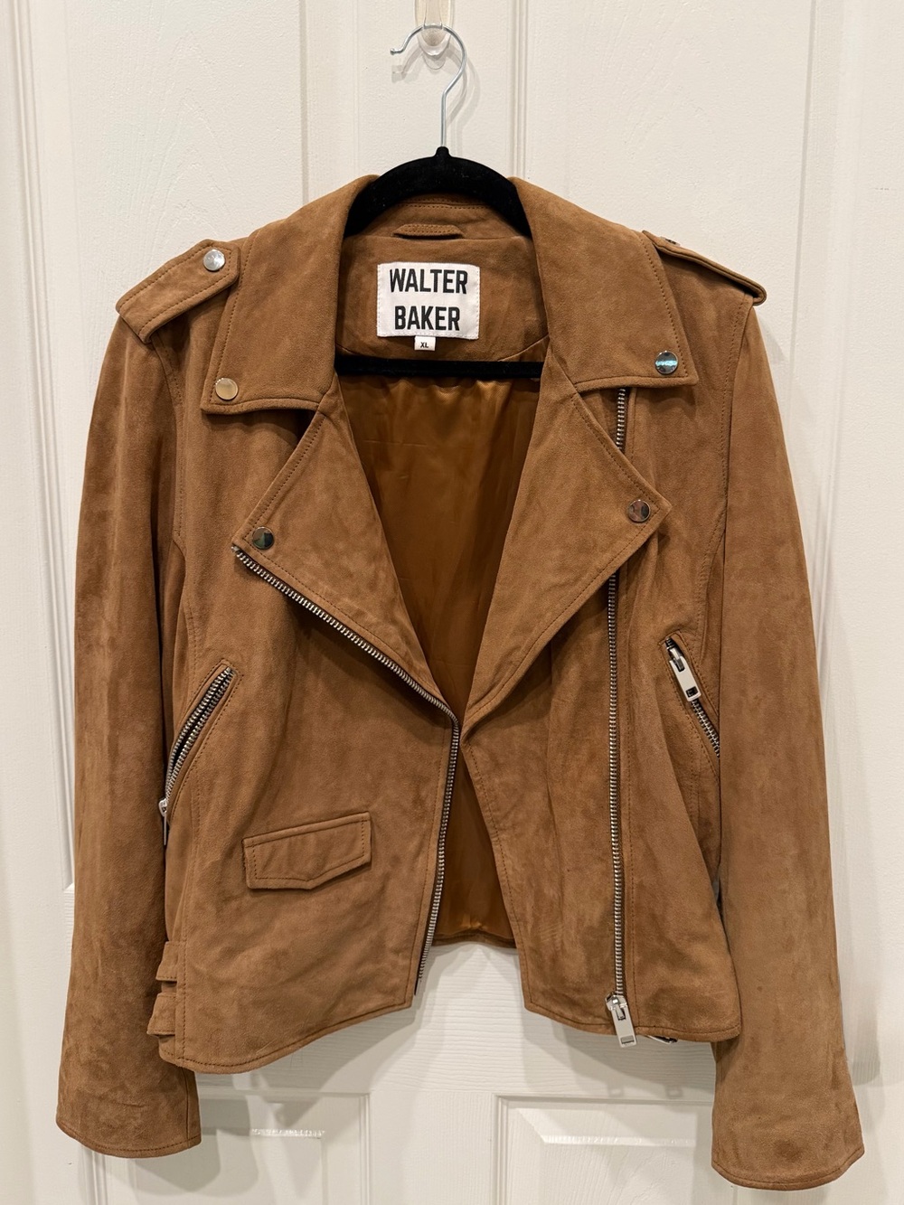 Walter Baker 100% Goat Suede Moto Jacket XL Camel Tan Leather Biker Silver